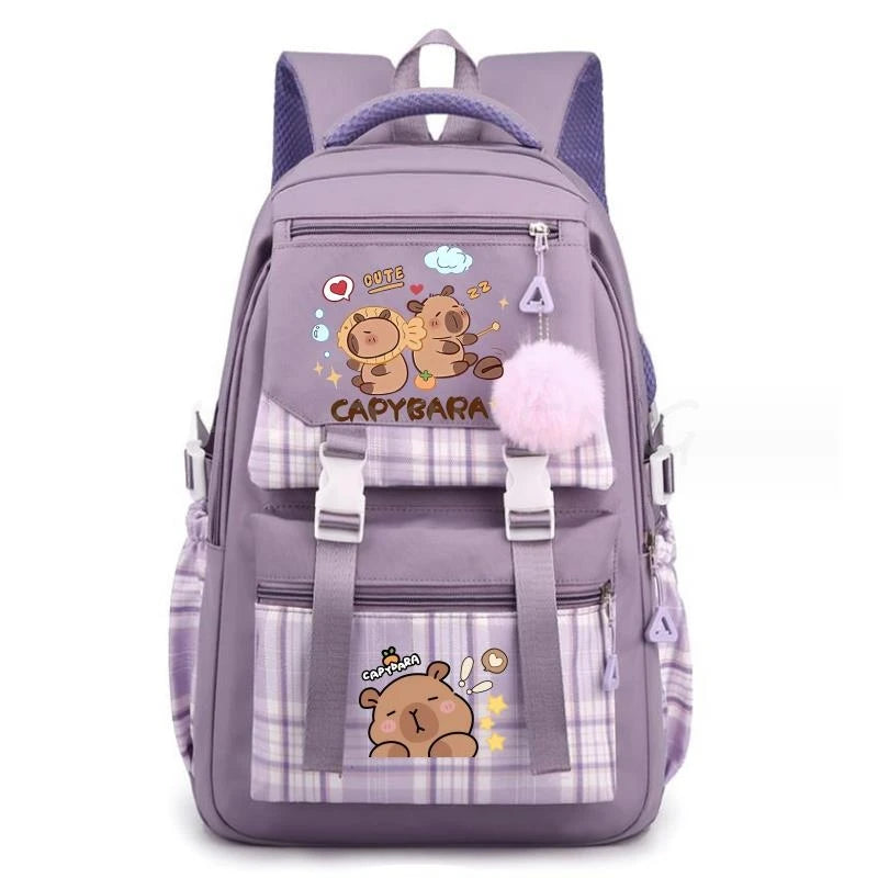 A purple canvas backpack featuring a cute capybara print and purple accents.