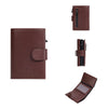 A brown leather card holder with an auto pop-up slide feature shown in multiple views.