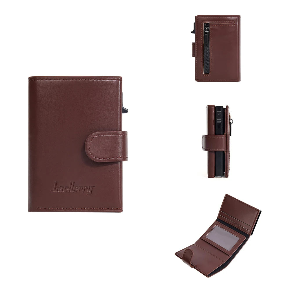 A brown leather card holder with an auto pop-up slide feature shown in multiple views.