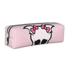 Pink elegant leather pencil case featuring a black skull design with pink bows.