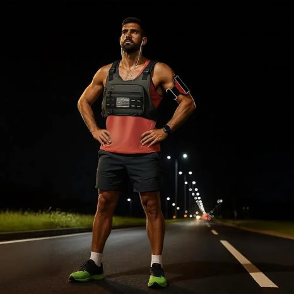 Un homme musclé portant un sac de sport court sur une route goudronnée la nuit.