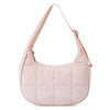 A light pink quilted nylon shoulder bag with an adjustable strap.
