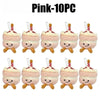 Ten pink bread plush keychains with striped straws and cute faces