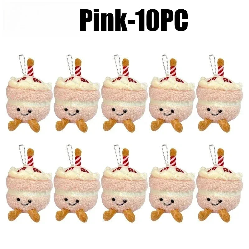 Ten pink bread plush keychains with striped straws and cute faces