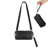 Black premium zipper phone pouch with a strap being held by a hand.