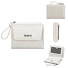 A light beige mini wallet made of smooth PU leather with a silver-toned logo and a matching card holder.