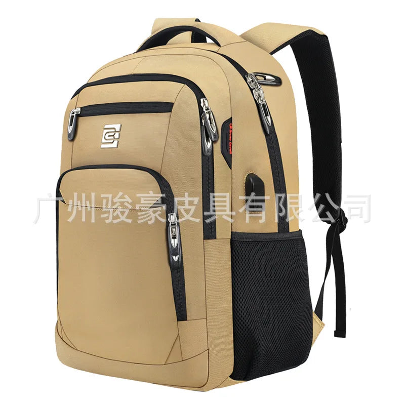 A beige business travel laptop backpack with black accents and straps.