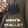 A hand places a slim black RFID-blocking wallet into the front pocket of a brown suit jacket.