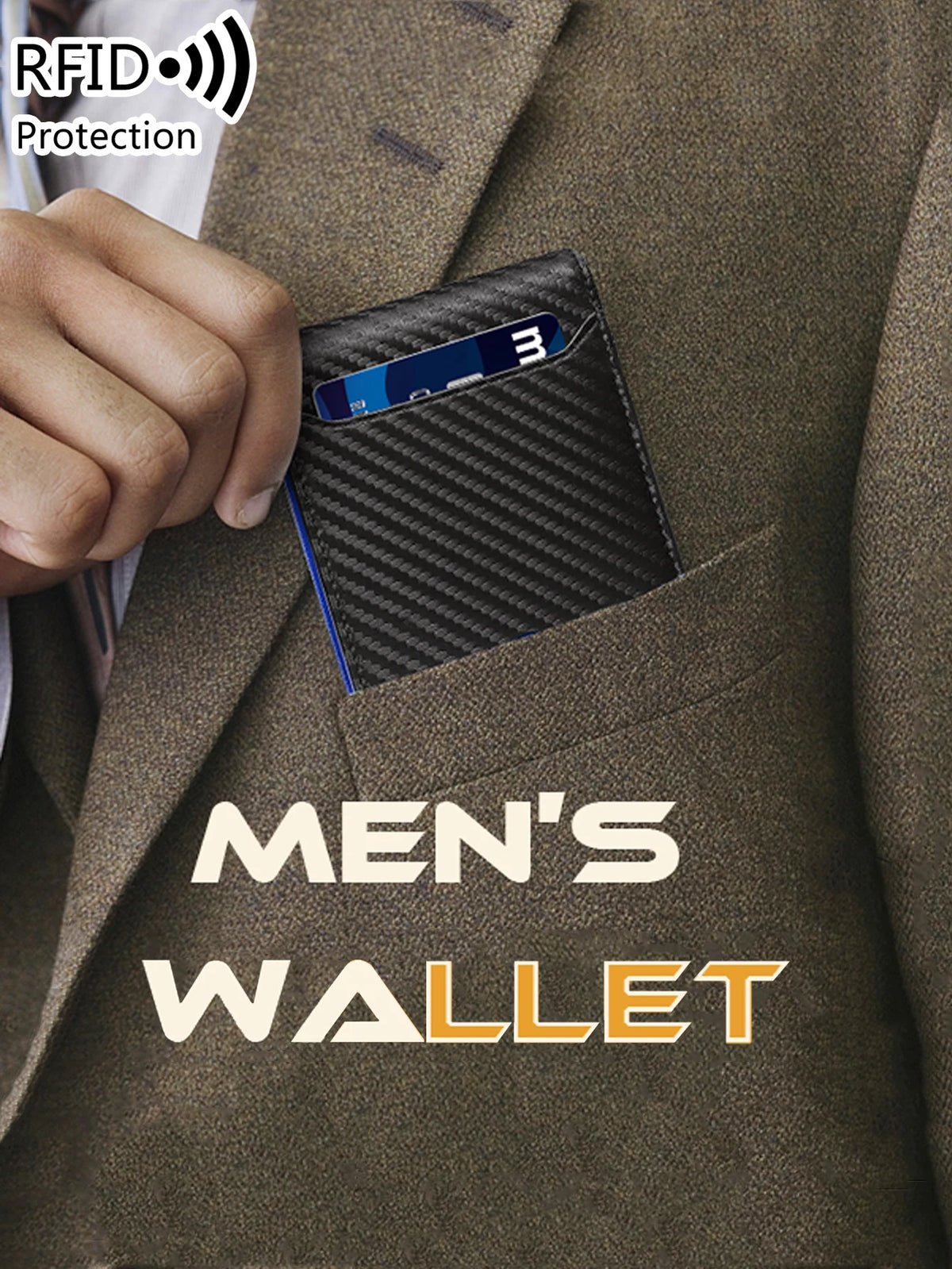 A hand places a slim black RFID-blocking wallet into the front pocket of a brown suit jacket.