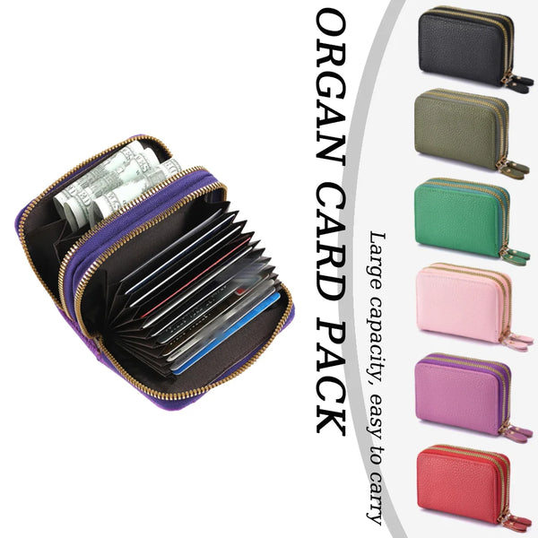 A pack of multiple colored organ card wallets with zipper closures displayed in various shades.