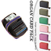 A pack of multi-slot PU leather card and ID wallets in various colors including black, olive green, pink, and red.