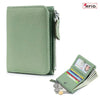 A light green genuine leather slim bi-fold wallet with a zipper closure.