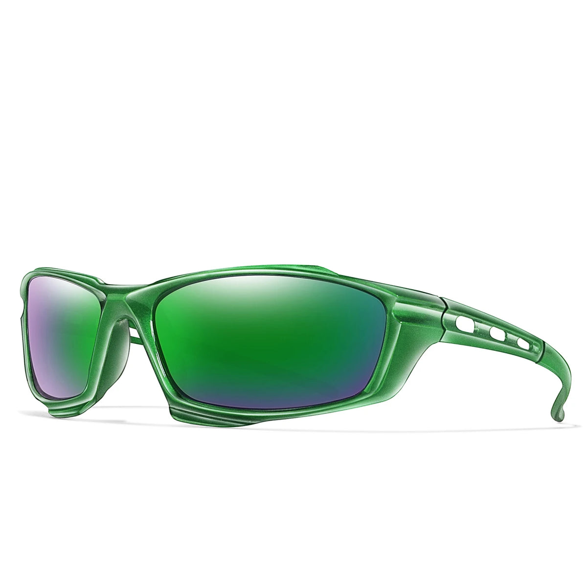 Un par de gafas deportivas polarizadas verdes con monturas verde oliva y lentes tintados.