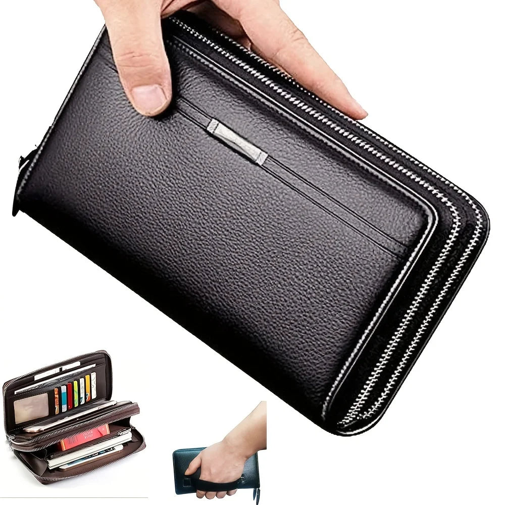 A hand is opening a black leather long zipper wallet clutch to show its interior.