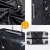 Black fabric luggage protector cover with an airplane pattern and a protective strap.
