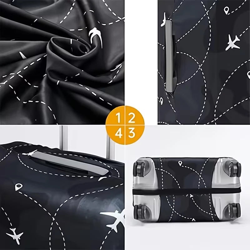 Black fabric luggage protector cover with an airplane pattern and a protective strap.