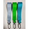 Three nylon wrist straps in light blue, green, and cyan with metal clasps.