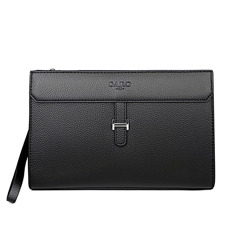 Black men's PU leather clutch bag with silver hardware and a flap closure.