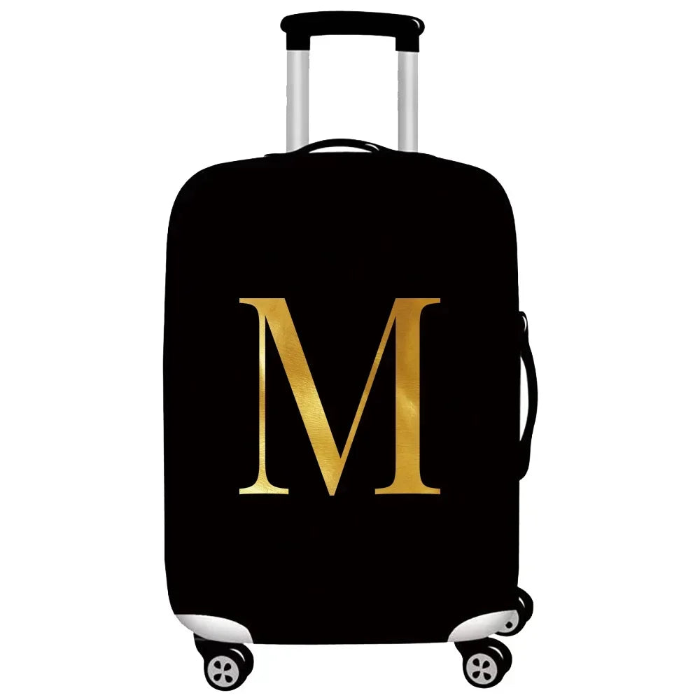 Black thick elastic luggage protective cover with gold initial M