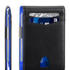 A black card wallet with a blue accent, showing an RFID protection sleeve and a card slot.