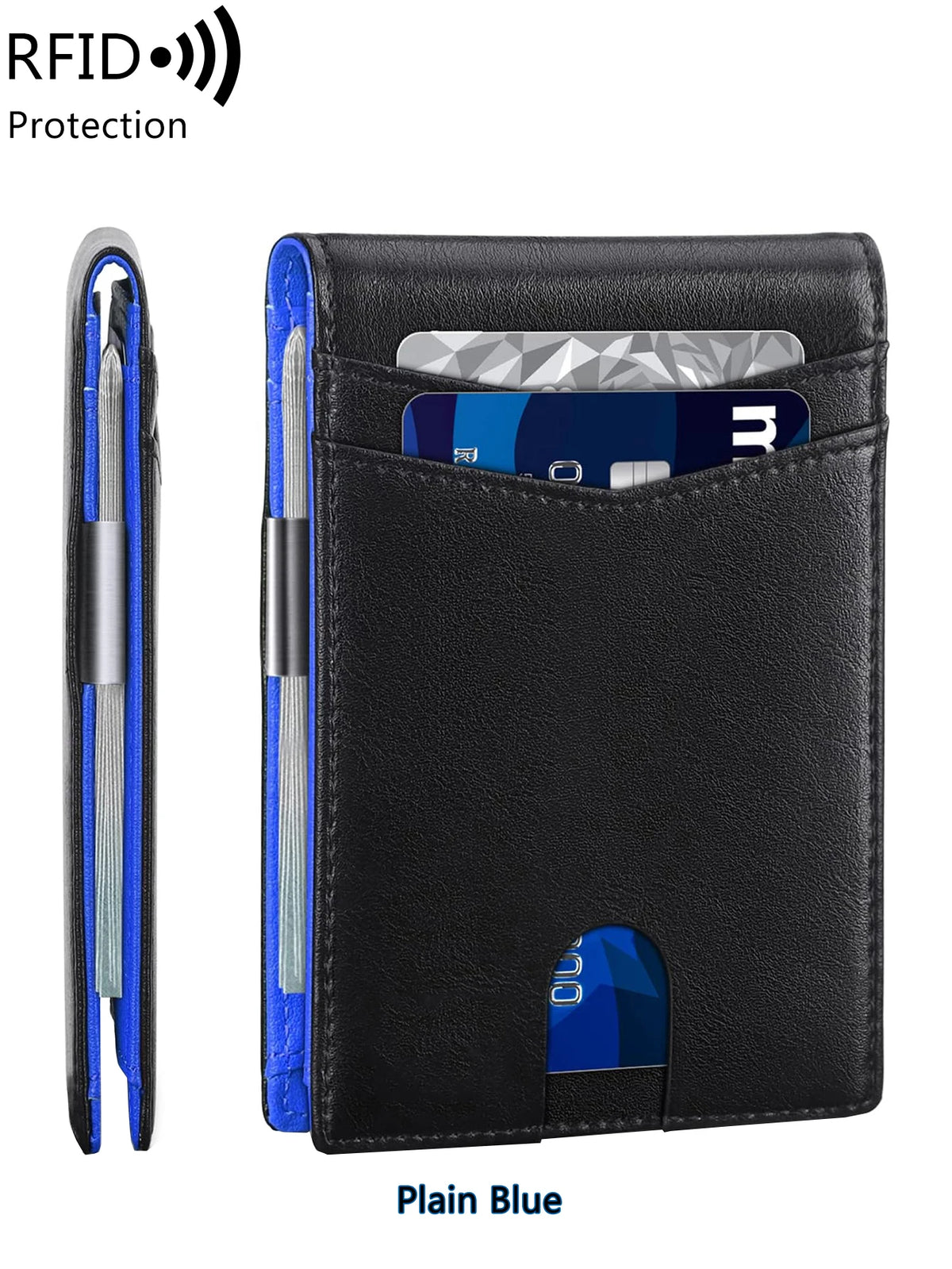 A black card wallet with a blue accent, showing an RFID protection sleeve and a card slot.