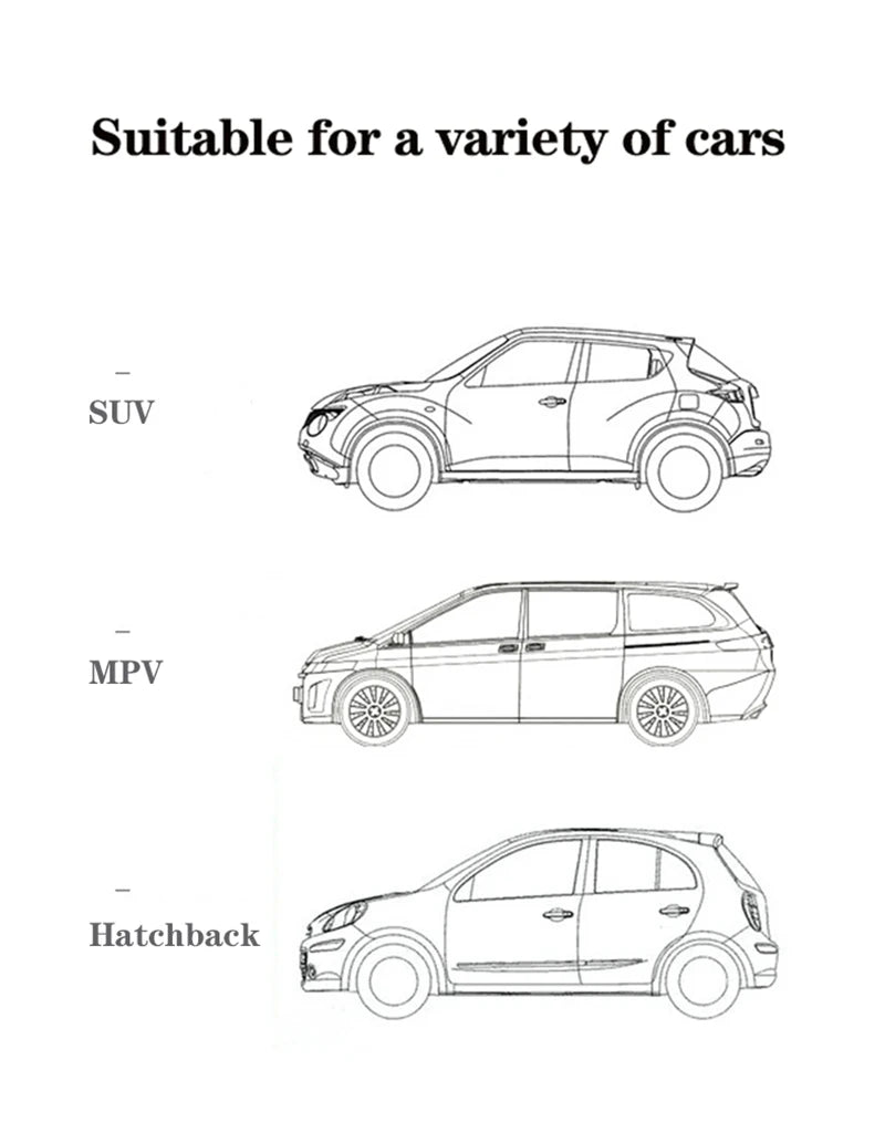 Diagrams showing suitability for SUV, MPV, and Hatchback car trunk storage organizer net bags.