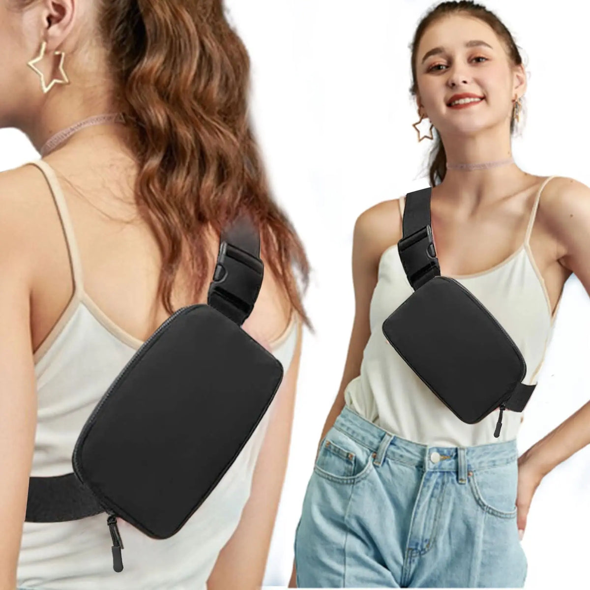 A young woman wearing a black cross-body nylon waist bag with a strap over her white top and blue jeans.