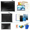Black fireproof and waterproof document bag with a pen and various documents