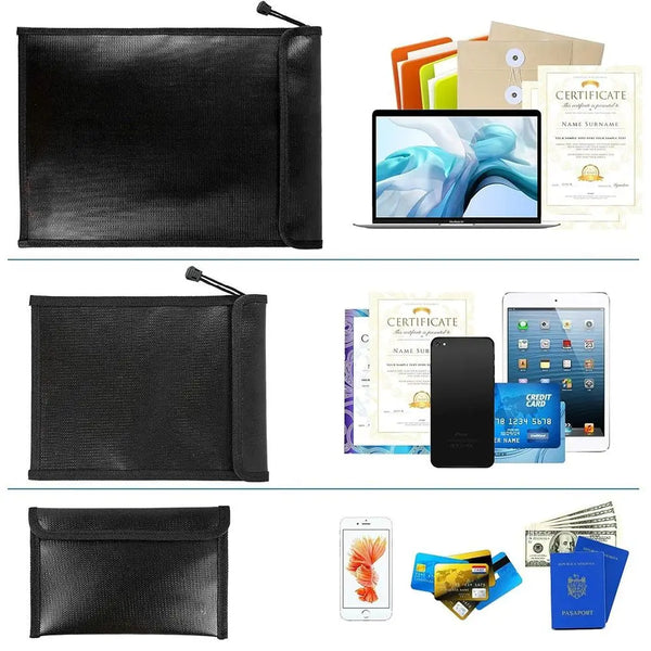 Black fireproof and waterproof document bag with a pen and various documents