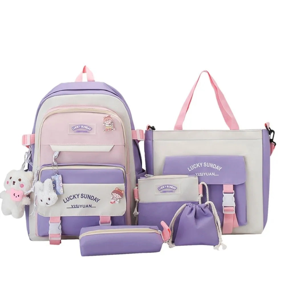 A purple and pink 5-piece nylon backpack set for students featuring cartoon designs.