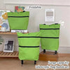 A lime green foldable shopping bag with black stripes displayed on a wooden shelf.