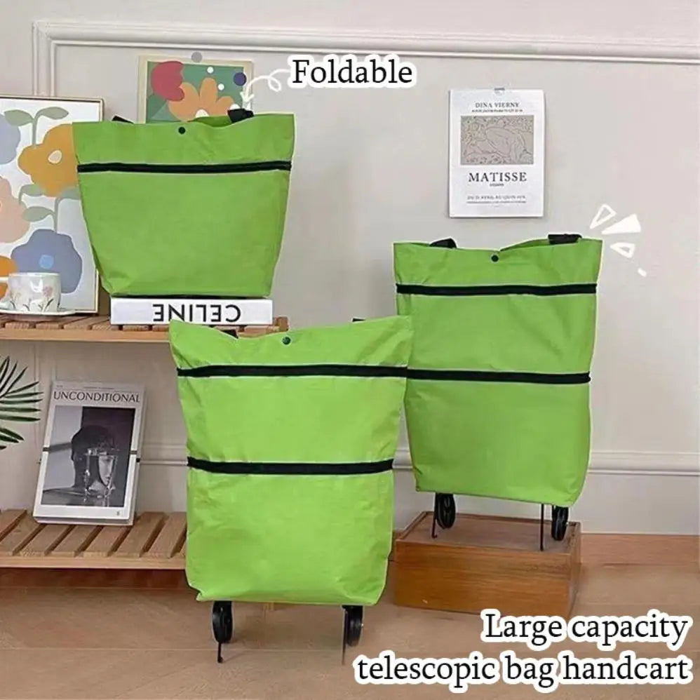 A lime green foldable shopping bag with black stripes displayed on a wooden shelf.