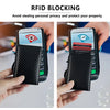 A black carbon fiber RFID blocking card holder is shown protecting a smartphone from RFID scanning.