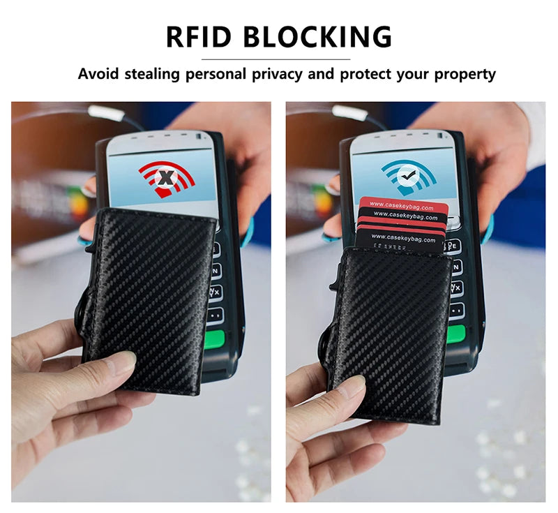 A black carbon fiber RFID blocking card holder is shown protecting a smartphone from RFID scanning.