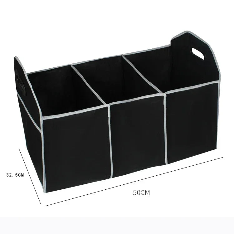 Black multi-pocket car trunk organizer with a foldable design and white trim.