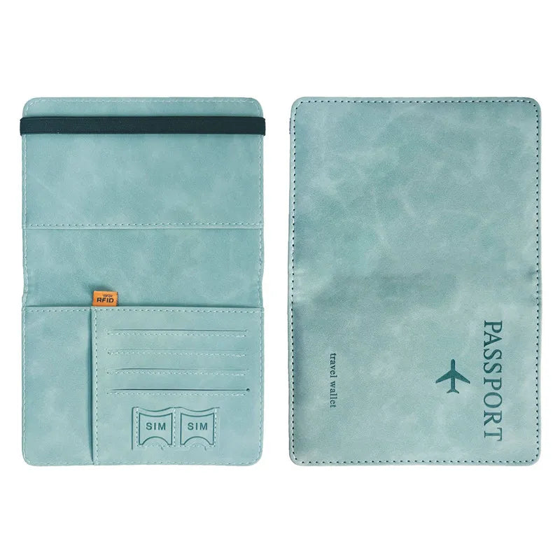 A light blue vintage PU leather wallet designed to hold a passport and cards.