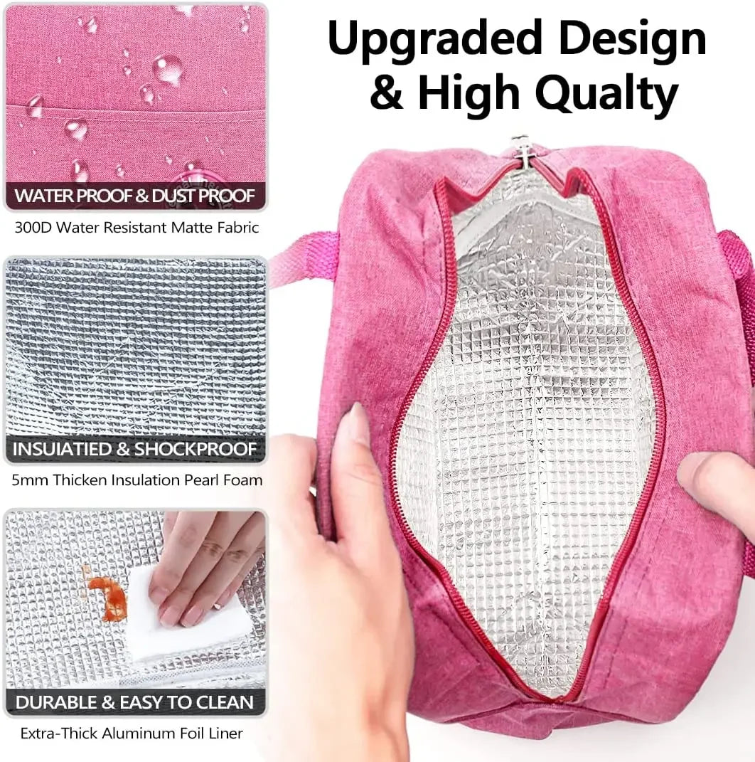 A pink insulated canvas lunch bag with a clear mesh lining and a zipper closure.