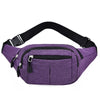 Purple canvas waist fanny bag with black strap and zipper