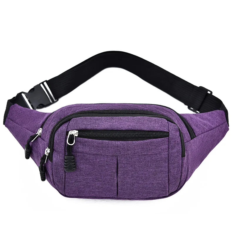 Purple canvas waist fanny bag with black strap and zipper