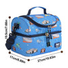 A blue insulated double-layer lunch bag for kids featuring cute cartoon prints and a handle.