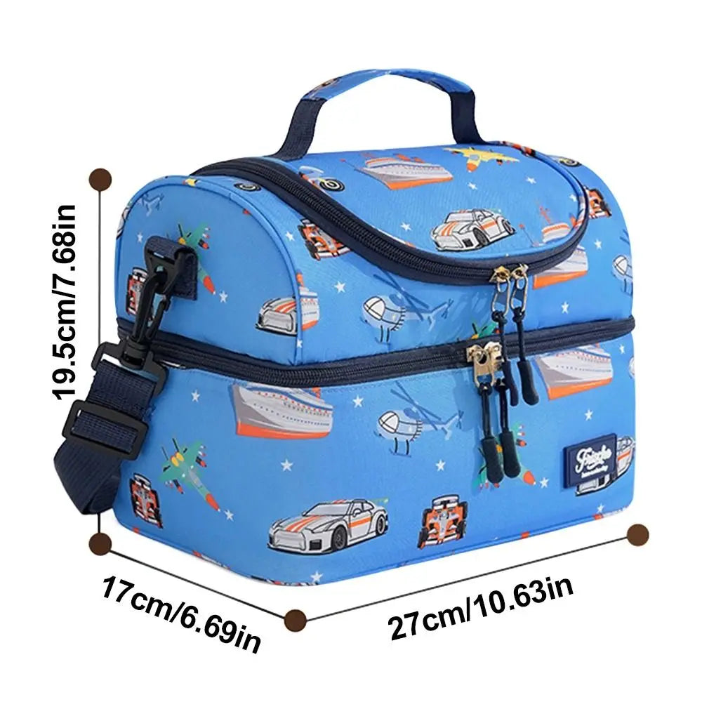A blue insulated double-layer lunch bag for kids featuring cute cartoon prints and a handle.