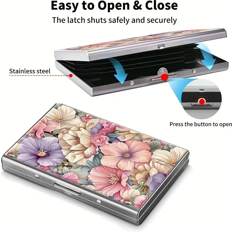 A floral design metal card holder shown open and closed, demonstrating a safe latch mechanism.