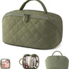 A olive green lay-flat water-resistant makeup organizer bag with a handle and an open version showing various makeup items.