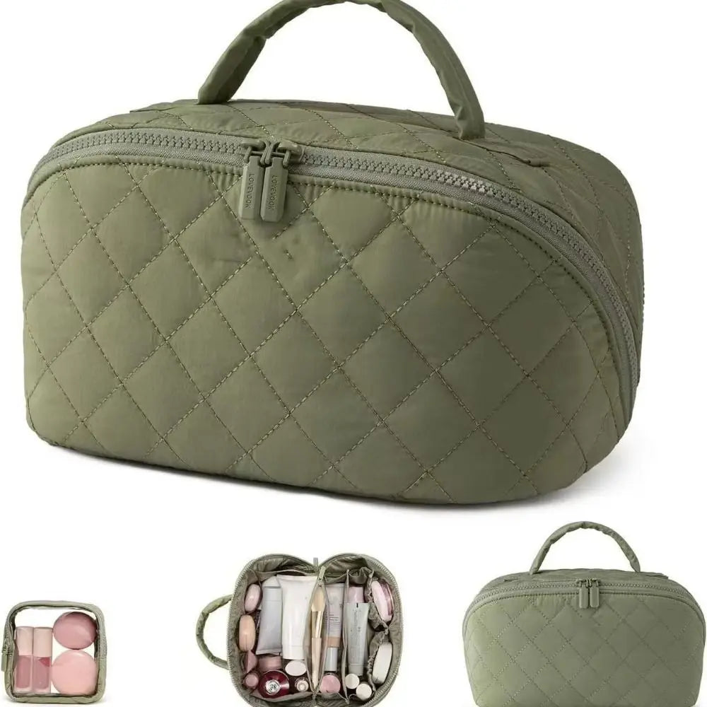 A olive green lay-flat water-resistant makeup organizer bag with a handle and an open version showing various makeup items.