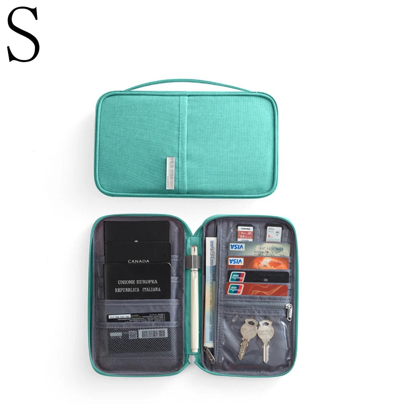 A teal multi-functional passport and document organizer with a hinged case and internal slots for various documents and keys.