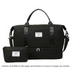Black duffel bag with an attached shoe and cosmetic pouch