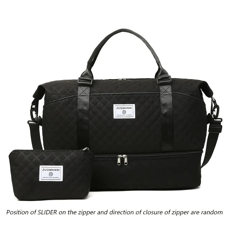 Black duffel bag with an attached shoe and cosmetic pouch