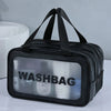 Black plastic toiletry bag with a clear window showing contents.