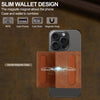 A brown leather wallet grip is shown attached to an iPhone, demonstrating a double magnetic clasp feature.