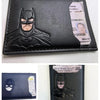 A black leather card holder featuring a Batman logo and a photo of a veteran.